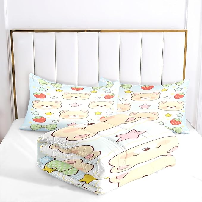Women Girls Blue White Cartoon Comforter Set, Twin Size 2-Piece Red Strawberry and Green Bows Comforter Sets for Kids Room Decor, 1 Comforter 68"x 90", 1 Pillowcase, Soft Microfiber