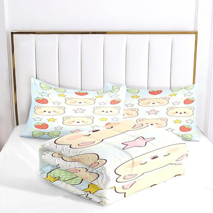 3Pcs Bears Animal Print Queen Size Comforter Set for Girls, Cartoon Blue and White Bedding Set, Green Bows and Stars Bed Set, 1 Comforter 90"x 90" and 2 Pillowcases