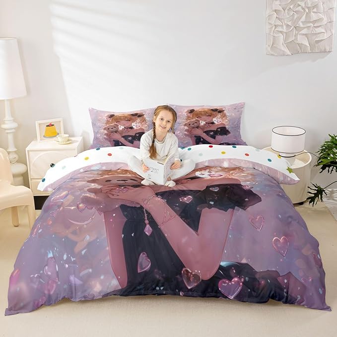 Erosebridal Bow Girls Down Comforter Pink Kawaii Cartoon Anime Kids Queen Comforter Set with 2 Pillow Cases,Romantic Aesthetic Princess Bedding Set Japanese Style Girl Bed Set