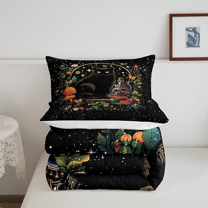Kids Cartoon Cat Bedding Set Twin Size,Colorful Flower Butterfly Leaves Botanical Comforter Set Bright Starry Sky Girls Boys Quilt Set Black Pet Animals Duvet Insert Boho Style,1 Pillowcase