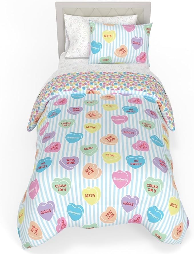 Sweethearts Original Candy Hearts Bedding 5 Piece Twin Bed Set, Soft Cozy Nostalgia Reversible Comforter and Sheet Set with Sham, Officially Licensed Product by Franco