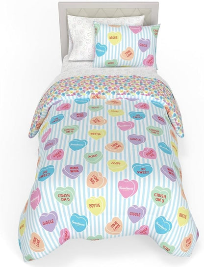 Sweethearts Original Candy Hearts Bedding 5 Piece Twin Bed Set, Soft Cozy Nostalgia Reversible Comforter and Sheet Set with Sham, Officially Licensed Product by Franco