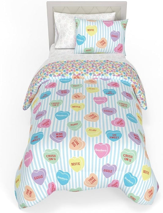 Sweethearts Original Candy Hearts Bedding 5 Piece Twin Bed Set, Soft Cozy Nostalgia Reversible Comforter and Sheet Set with Sham, Officially Licensed Product by Franco