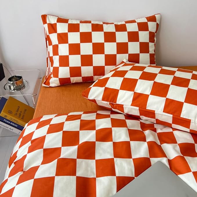 CLOTHKNOW Orange Plaid Full Size Comforter Set Grid Bedding Comforter Sets Terracotta Checker Comforter with 2 x Pillow Cases
