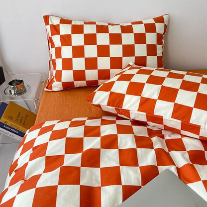 CLOTHKNOW Orange Plaid Full Size Comforter Set Grid Bedding Comforter Sets Terracotta Checker Comforter with 2 x Pillow Cases
