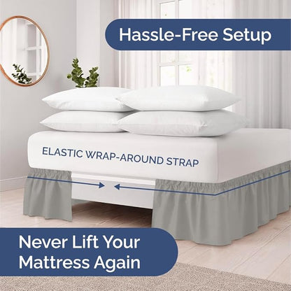 Wrap Around Dust Ruffle Bed Skirt - Light Grey - for Full Size Beds with 21 Inch Drop - Elastic Strap - Adjustable Pleated Bedskirt with Brushed Fabric and Wrinkle Free - for Women, Men, Kids & Teens