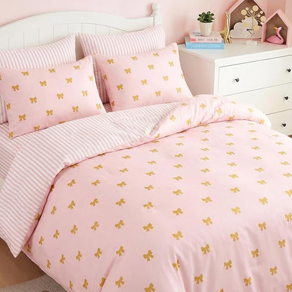 Pink Comforter Set Full Gold Bow Bedding Set for Girls Kids, Reversible Pink White Wide Striped Pattern, Coquette Comforter 3 Pieces, with 2 Pillowcases, Soft 100% Microfiber