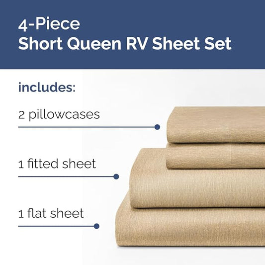 RV Short Queen Sheet Set 60 X 75 - 4 Piece RV Short Queen Bed Sheets - Soft, Breathable & Cooling - Designed for Bunks, Trailers & Campers - Fits 8” to 12" Mattress - Luxury Bedding - Heathered Tan