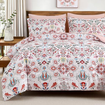 DHSFKBE Boho Comforter Set King - 7 Pieces Bed in a Bag Floral Design, Bohemian Comforter Set with Sheets, Soft Microfiber Complete Bedding Sets All Season (Light Pink, King)