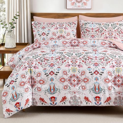 DHSFKBE Boho Comforter Set Queen - 7 Pieces Bed in a Bag Floral Design, Bohemian Comforter Set with Sheets, Soft Microfiber Complete Bedding Sets All Season (Light Pink, Queen)