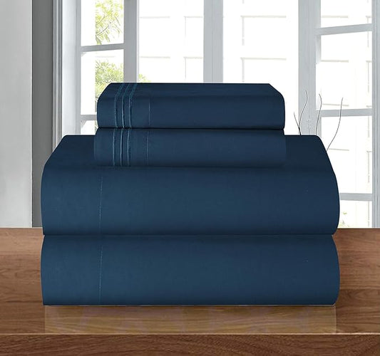 Elegant Comfort Luxury 1500 Premium Hotel Quality Microfiber 4-Piece Sheet Set - Wrinkle Resistant, All Around Elastic Fitted Sheet, Deep Pocket up to 16", RV Short Queen, Navy Blue