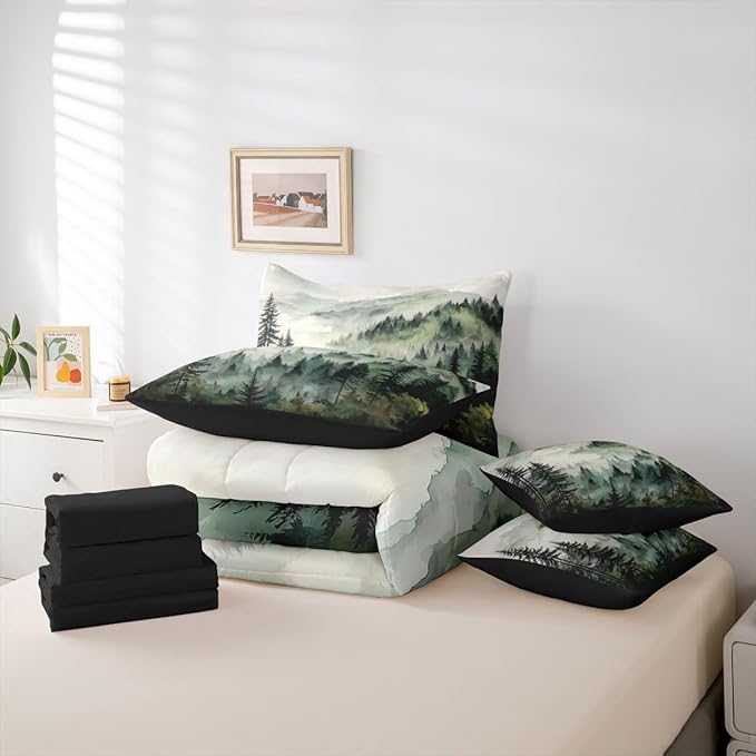 Erosebridal Dark Green Misty Forest Twin Bed in A Bag 7 Piece Mountain Foggy Woodland Comforter Set with Sheets Rustic Pine Tree Bedding Sets for Kids Adults,Watercolor Nature Theme Bed Set
