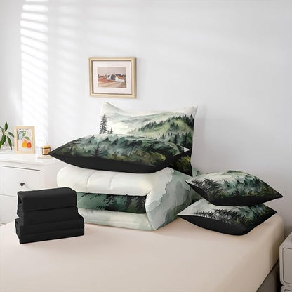 Erosebridal Dark Green Misty Forest Queen Bed in A Bag 7 Piece Mountain Foggy Woodland Comforter Set with Sheets Rustic Pine Tree Bedding Sets for Kids Adults,Watercolor Nature Theme Bed Set