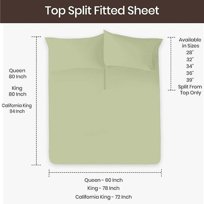 SGI bedding Adjustable Split Head Flex Top King 36" Microfiber Sheet Set Ultra Soft, Cooling & Deep Pocket 15 Fitted, 4-Piece Breathable & Durable Bedding Set for Split King Beds -Sage