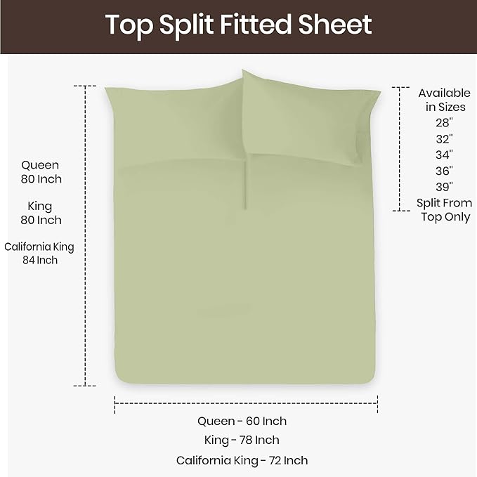 SGI bedding Adjustable Split Head Flex Top Queen 28" Microfiber Sheet Set Ultra Soft, Cooling & Deep Pocket 15 Fitted, 4-Piece Breathable & Durable Bedding Set for Split Queen Beds -Sage