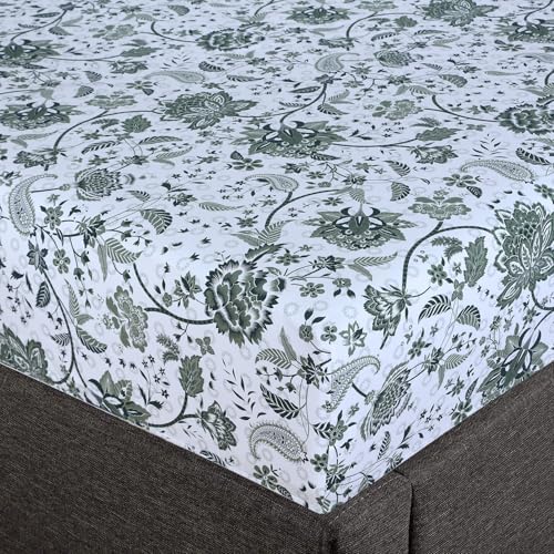 Feather & Stitch Fitted Sheet Only, 100% Cotton 300TC Lightweight Cooling & Breathable Percale Weave Fitted Sheet 16" Regular Elastic Deep Pocket Soft Bedding Mattress (King, Green Floral Paisley)