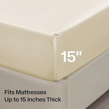 BEDELITE Satin Sheets Full Size Bed Set, Luxury Soft Beige Silky Sheet for Hair and Skin, Similar to Silk Bed Sheets Set 4 Pieces with 1 Deep Pocket Fitted Sheet, 1 Flat Sheet, and 2 Pillowcases