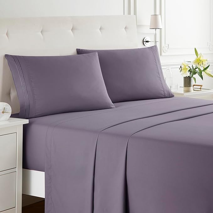 Clara Clark Bed Sheets, Premier 1800 Series Bed Sheet Set, Deep Pocket, Wrinkle, Fade, Stain Resistant, Luxury Soft Bedding Sheets & Pillowcases, Full, Grayish Purple