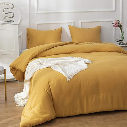 CLOTHKNOW Mustard Yellow Queen Comforter Set 3Pcs Yellow Bedding Comforter Sets Soft All Season Turmetric Comforter with 2 x Pillow Cases
