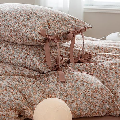 mixinni Girls Bedding Duvet Cover Twin Size Vintage Style Pink Small Floral Print Duvet Cover Set Soft Cotton 1 Duvet Cover with 2 Bow Ties Pillowcases-Easy Care, Soft and Durable