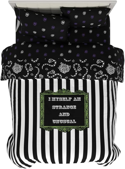 Franco Collectibles Beetlejuice Halloween Striped Bedding 5 Piece Super Soft Reversible Comforter and Sheet Set, Full, (Officially Licensed Product)