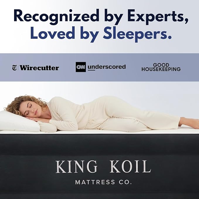 King Koil Luxury Pillow Top Plush Queen Air Mattress with High-Speed Built-in Pump, Blow Up Bed Top Side Flocking, Puncture Resistant, Double High Inflatable Airbed Guests & Travel 1-Year Warranty