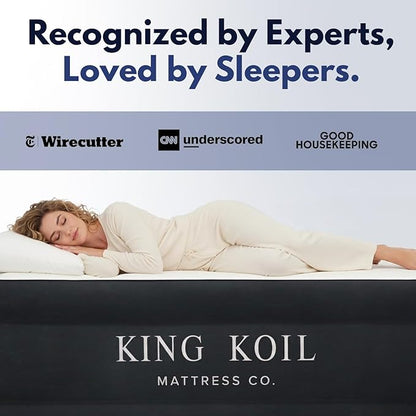 King Koil Luxury Camping Air Mattress Queen Size with Built-in Pump, Portable Travel Airbed, Waterproof Durable Inflatable Double High Blow Up Bed, 1-Year Warranty Manufacturer Warranty
