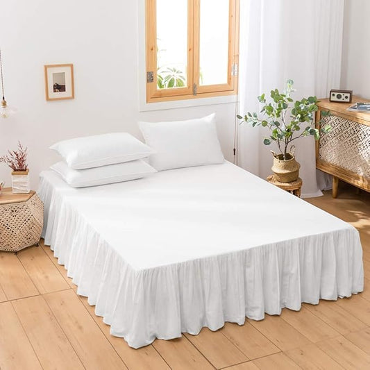 BISELINA French Linen Bed Skirt with Pleated Frills 14-Inch Tailored Drop Natural Flax Cotton Blend Dust Ruffle Soft Cozy Farmhouse Bedding (14" Full, White)