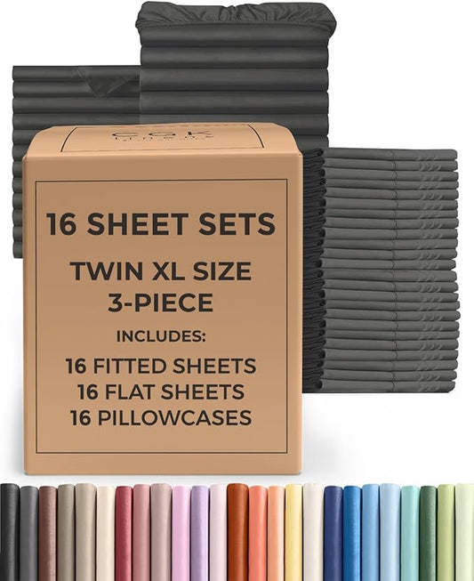 Bulk Case Pack of 16 Sheet Sets - (16) Complete Twin XL Size Sheet Sets w/ Deep Pockets - Wholesale Bulk Bedding for Hotels, Spas & Airbnbs - Breathable, Cooling & Wrinkle Free - (Twin XL, Charcoal)