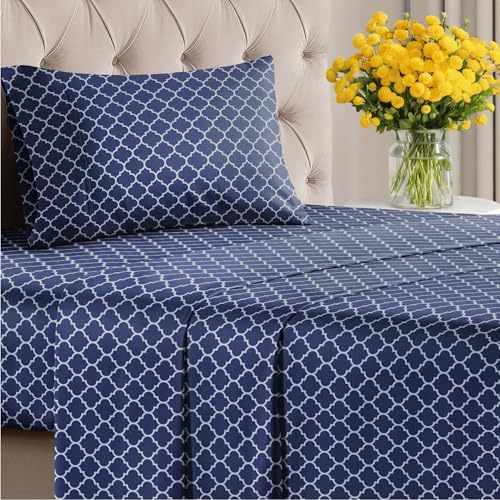 Twin 3 Piece Striped Sheet Set - Breathable & Cooling - Navy Quatrefoil