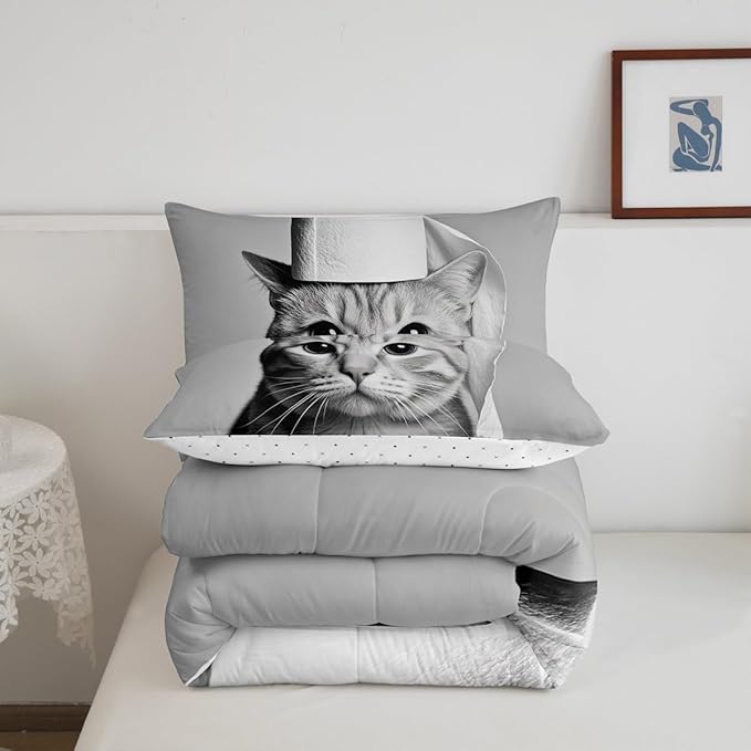 Erosebridal Kitten Bedding Set Toddler Size Cat Comforter Set for Kids Boys Girls 3D Kawaii Cute Hat Bowl Black Grey Comforter Warm Soft Quilt Insert
