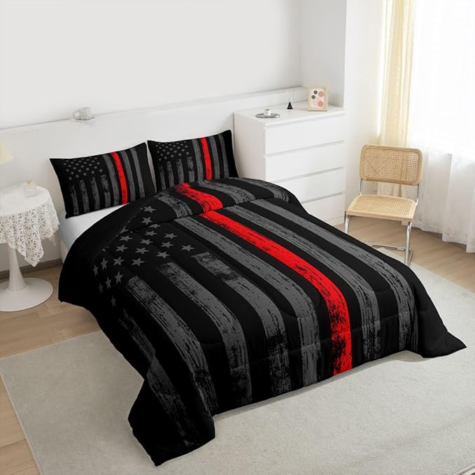 Erosebridal American Flag Comforter Set Full Black Grey Red Line Flag Bedding Set for Men Boys Kids Girls Novelty Star Stripe Down Comforter Retro Vintage Flags Bedding Sets & Collections
