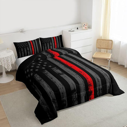 Erosebridal American Flag Comforter Set Full Black Grey Red Line Flag Bedding Set for Men Boys Kids Girls Novelty Star Stripe Down Comforter Retro Vintage Flags Bedding Sets & Collections