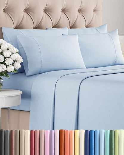 Full 6 Piece Sheet Set - Comfy Breathable & Cooling - Ultra Soft Hotel Luxury Bedding Set w/ 8-16 Inch Deep Pockets - 1 Flat & 1 Fitted Sheet & 4 Pillowcases - Wrinkle Free and Easy Care - Sky Blue