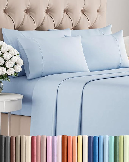Full 6 Piece Sheet Set - Comfy Breathable & Cooling - Ultra Soft Hotel Luxury Bedding Set w/ 8-16 Inch Deep Pockets - 1 Flat & 1 Fitted Sheet & 4 Pillowcases - Wrinkle Free and Easy Care - Sky Blue