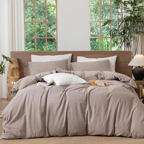 MooMee Gingham Duvet Cover Set 100% Washed Cotton Linen Like