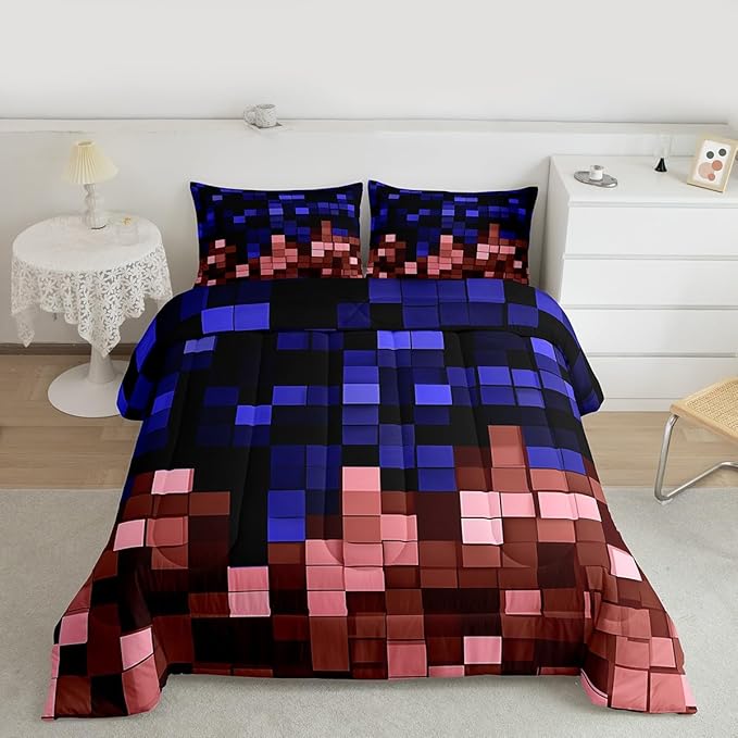 Pixelated Miners Game Comforter Set King Size,Geometric Check Video Games Kids Bedding Set,Gamepad Grid Gaming Quilt Comforter,Blue Red Duvet Insert,2 Pillowcases