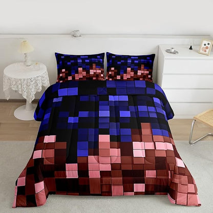 Pixelated Miners Game Kids Comforter Set Twin Size,Geometric Check Video Games Bedding Set Boys Girls Room Decor,Gamepad Grid Gaming Quilt Comforter,Blue Red Duvet Set Bedroom Quilt Set,1 Pillowcase