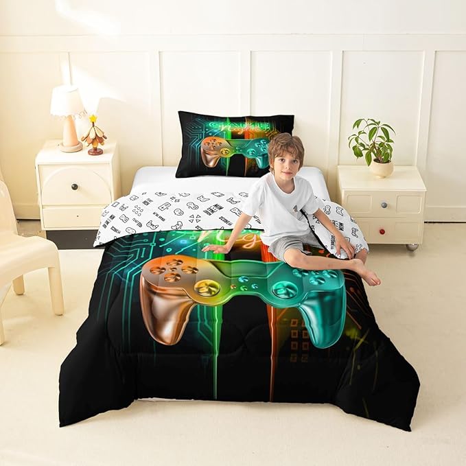 Feelyou Gamer Comforter Kids Gaming Video Game Comforter Set for Boys Teens Noverlty Modern Gamepad Bedding Set Breathable Gamer Console Bedding Duvet Set Bright Orange Green Room Decor Toddler Size