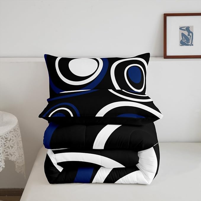 Erosebridal Black Blue Vortex Twin Bedding Sets for Adult Women Men Chic Geometric Abstract Mens Comforter Set Striped Aesthetic Circles Quilt Duvet Set Boho Modern Bedding Collections