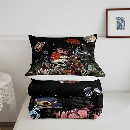 Erosebridal Sugar Skull Bedding Set,Botanical Flower Comforter Set for Kids Boys Girls Home Decor,Starry Sky Duvet Set Trippy Galaxy,Halloween Gothic Down Comforter Soft Lightweight 3Pcs,Full Size