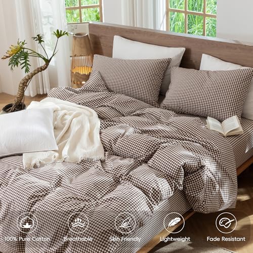 MooMee Gingham Duvet Cover Set 100% Washed Cotton Linen Like