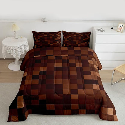 Miners Pixel Checked Kids Comforter Set Twin Size,Video Games Check Lattice Bedding Set Boys Girls Room Decor,Game Cartoon Gamepad Quilt Comforter,Dark Brown Duvet Set Bedroom Quilt Set,1 Pillowcase