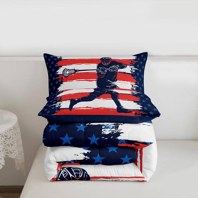 Feelyou Lacrosse Comforter Set Twin Size Boys Gilrs American Flag Sports Theme Bedding Set for Kids Adults Ultra Soft Lacrosse Player Games Comforter Navy Blue Duvet Set Room Decor Quilt Set