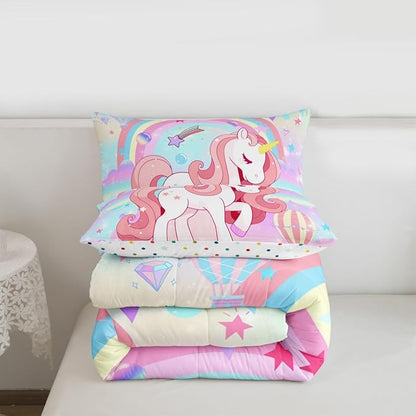 Erosebridal Unicorn Full Bedding Sets for Girls Cute Rainbow Unicorn Comforter Set Bedroom Decor for Girls Kids Horse Duvet Set Ombre Bedding Stars Magical Animal Down Comforter Reverse 3Pcs