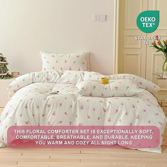 Floral Comforter Set Full Size - 3 Pieces Pink White Floral Comforter Bedding Sets Tulips Pattern,Full Bed in a Bag with Heart Comforter and 2 Pillowcases