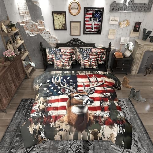 Erosebridal Rustic Deer 7 Pieces Bedding Set Twin Size,American Flag Bed in a Bag,Camouflage Animal Bed Set Includes Comforter,Sheet Set,Pillowcases & Pillow Covers,Stars Stripes Bedroom Decor