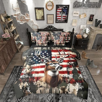 Erosebridal Rustic Deer 7 Pieces Bedding Set Twin Size,American Flag Bed in a Bag,Camouflage Animal Bed Set Includes Comforter,Sheet Set,Pillowcases & Pillow Covers,Stars Stripes Bedroom Decor