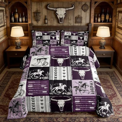 Manfei Cowboy Comforter Set Twin Size, Horse Bull Skull Cowboy Boots Hat Bedding Set 2pcs, Kids Boys Teens Bedroom Decor, Boho Purple Lattice Patchwork Down Comforter Western Quilt Set, 1 Pillowcase