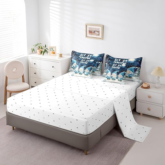 Castle Fairy Winter Night Comforter Set Bed in a Bag 7 Pieces King,Cute Gnome Retro Blue Tie Dye Bedding Set,Merry Christmas Theme (Comforter+Fitted+Flat Sheet+2 Pillowcases+2 Throw Pillow Covers)